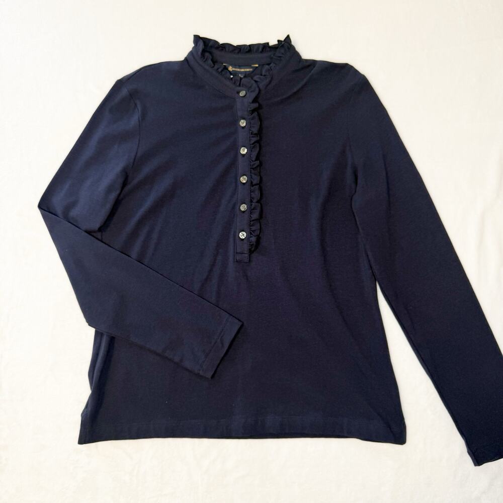 Brooks Brothers Ruffled Henley Long Sleeve Shirt Navy Women's Large